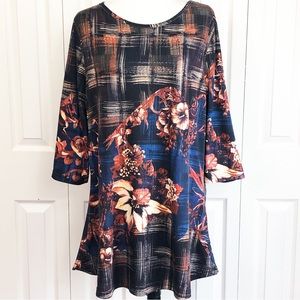 Azalea by Firmiana 1X Multicolor Fall Floral Bird Print Tunic Top